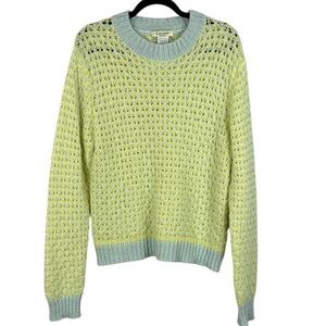 Cocogio Cozy Alpaca Blend Open Knit Crewneck Sweater Large Yellow Light Blue